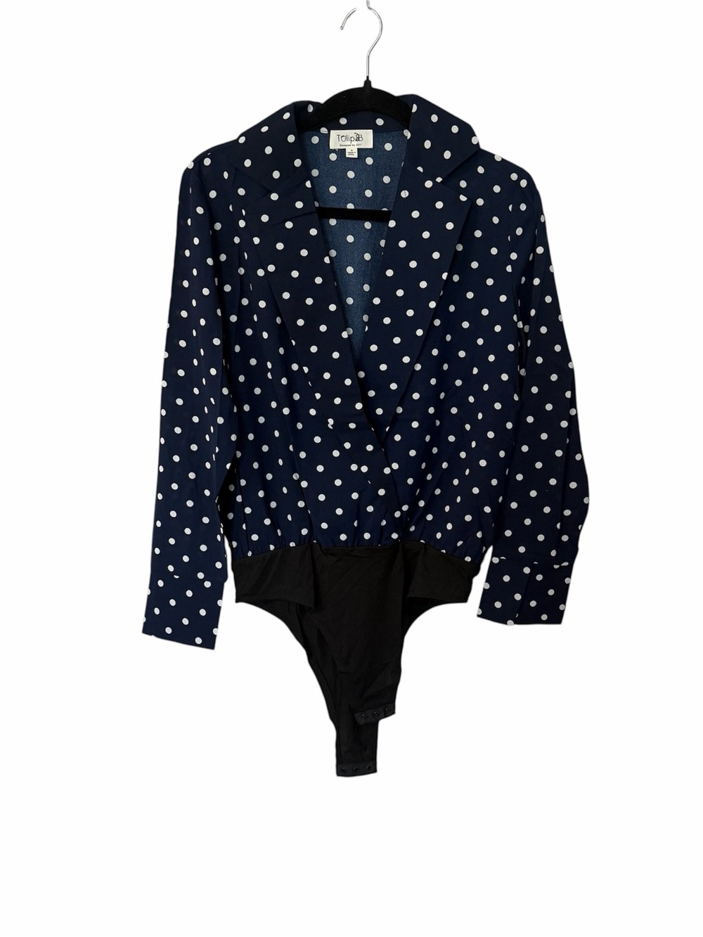 Tulip B Women’s Long Sleeve Navy Blue & White Polka Dot Bodysuit Blouse Sz M GUC